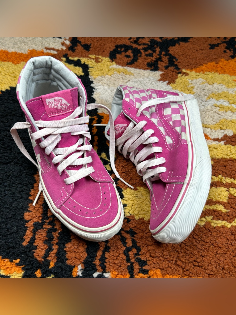 VANS, pink checker hi top sneakers!!
